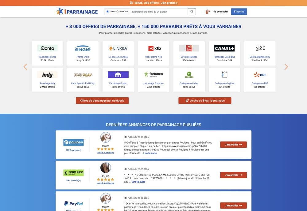 Page d'accueil de 1parrainage.com affichant plus de 3 000 offres de parrainage et les vignettes des marques référencées