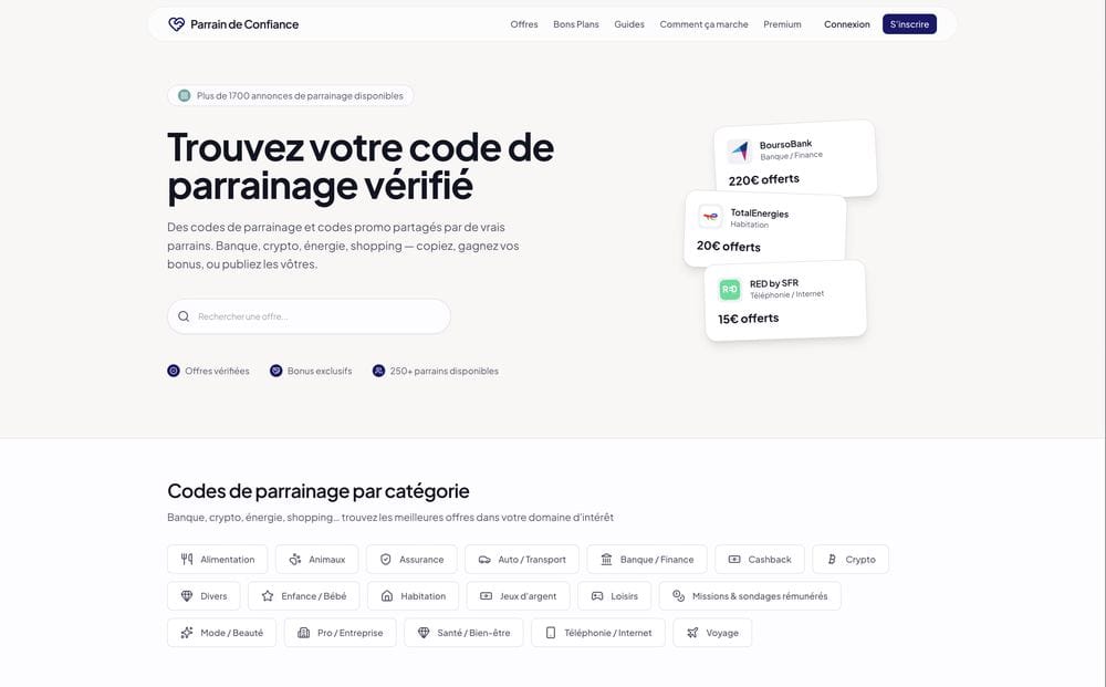 Page d'accueil de Parrain de Confiance annonçant plus de 1 700 annonces de parrainage et des codes vérifiés