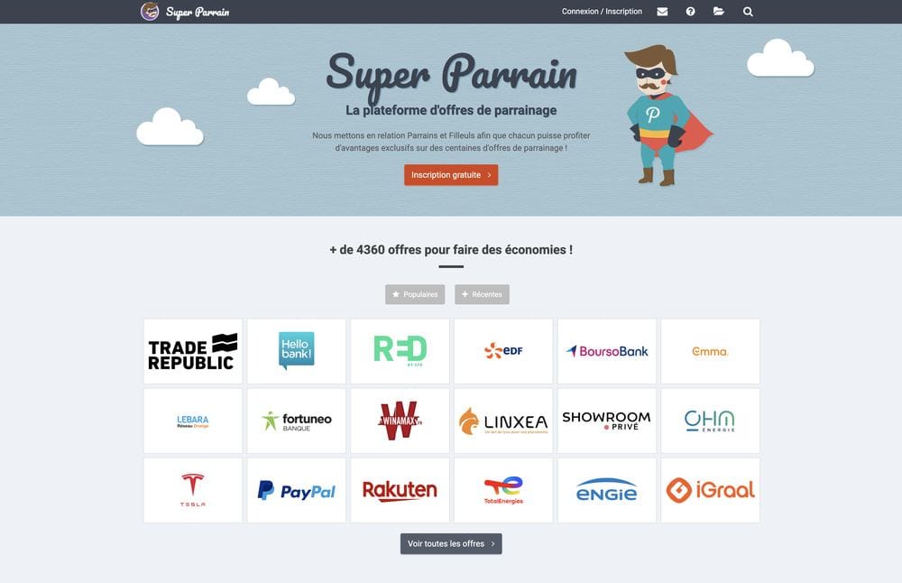 Page d'accueil de Super Parrain avec sa mascotte de super-héros et la mention de plus de 4 360 offres de parrainage